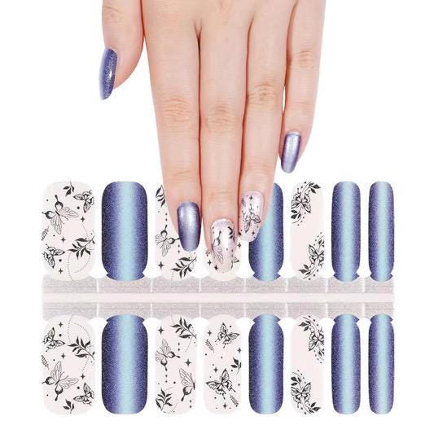 BlossomNoir: Blue Chrome Butterfly Dreams  UV Free Gel Nail stickers